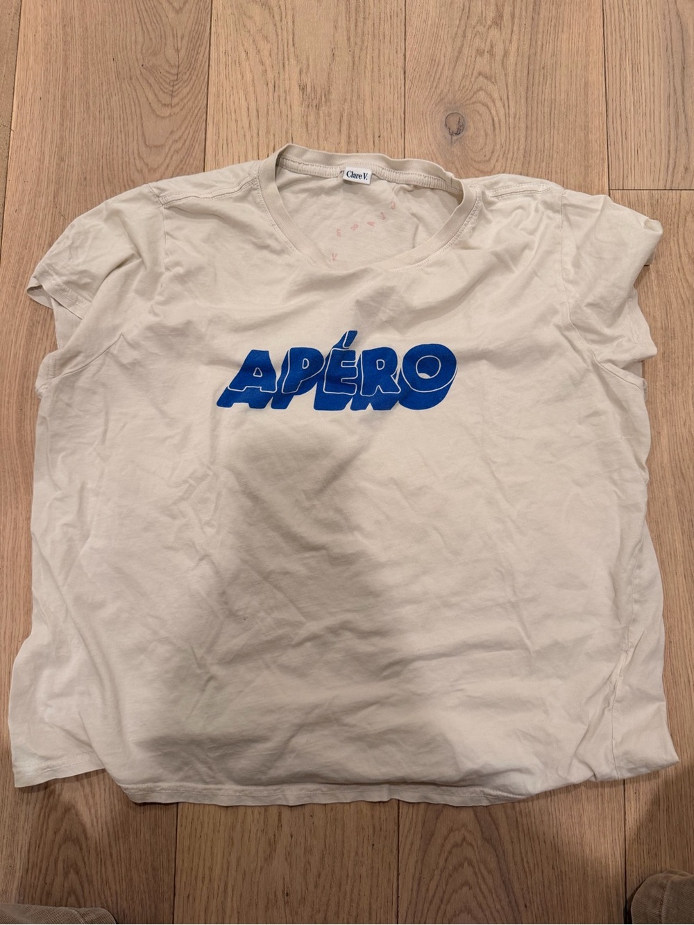 Clare V Cream Short-Sleeve Tee with Blue "APÉRO" Logo
